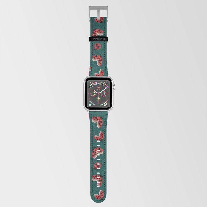 Seamless pattern with the image of flying and crawling ladybugs on a green background for printing on fabric and other surfaces Apple Watch Band