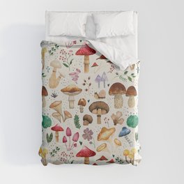 Watercolor forest mushroom illustration and plants Duvet Cover