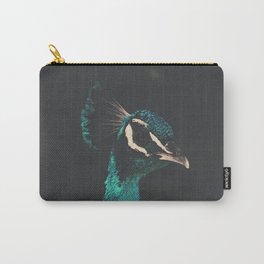 Peacock and Proud - Beautiful Bird photography by Ingrid Beddoes Carry-All Pouch | Biscaygreen, Peacockportrait, Dark, Beautifulbirdprint, Turquoise, Ingridbeddoes, Animalphotography, Birdportrait, Nature, Peacock 