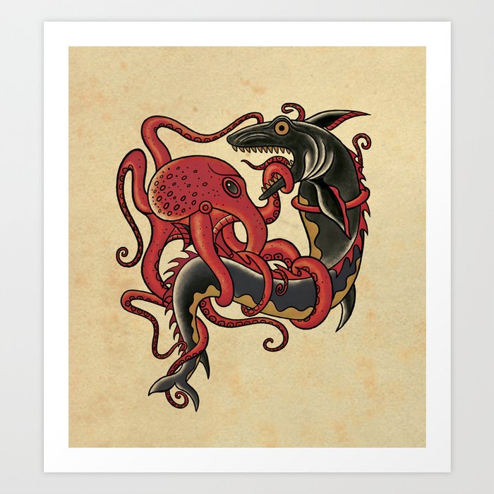 tattoo design - octopus fighting shark Art Print