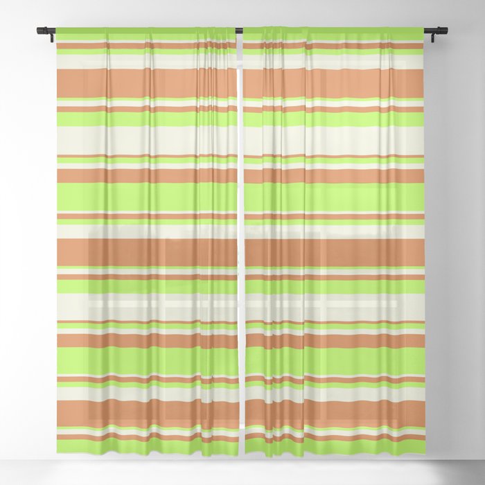 Beige, Chocolate & Light Green Colored Lined/Striped Pattern Sheer Curtain