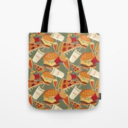Seamless pattern of fast food or junk food , cheese burger, salami pizza, cold drink, milk shake with marshmallow soft drink etc on xanadu color background. textile design, advertisement, poster. Tote Bag