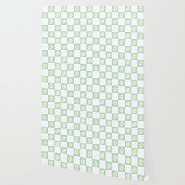 Green & White Daisy Checkered Pattern Wallpaper