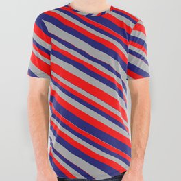 [ Thumbnail: Midnight Blue, Dark Grey & Red Colored Striped/Lined Pattern All Over Graphic Tee ]