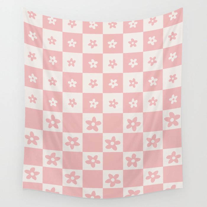 Abstract Floral Checker Pattern 20 in Pink Beige Wall Tapestry