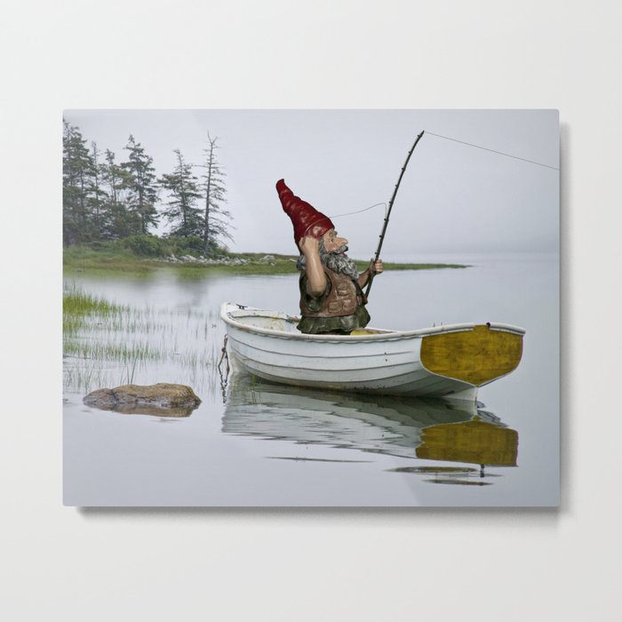 Gnome Fisherman in a White Maine Boat on a Foggy Morning Metal Print