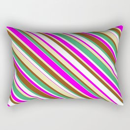 [ Thumbnail: Eye-catching Sea Green, White, Fuchsia, Pale Goldenrod, and Brown Colored Lined/Striped Pattern Rectangular Pillow ]