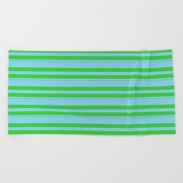 [ Thumbnail: Sky Blue & Lime Green Colored Stripes/Lines Pattern Beach Towel ]