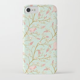 Spring Equinox Serenade: Robins song Birds Among Lilac Blossoms in pastel mint, pink, gold, cream iPhone Case