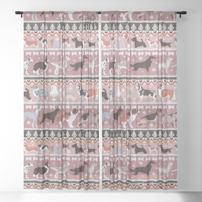 Fluffy and bright fair isle knitting doggie friends // dry rose and careys pink background brown orange white and grey dog breeds  Sheer Curtain