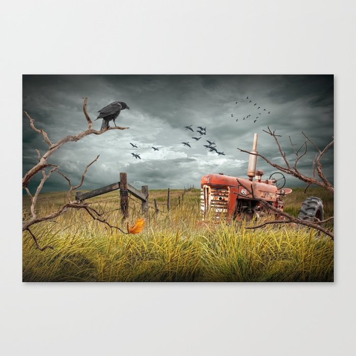 Abandoned Red Tractor in a Prairie Field with Perched Crow and Flying Geese Canvas Print