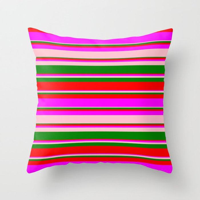 Green, Red, Fuchsia, and Pink Colored Lined/Striped Pattern Throw Pillow