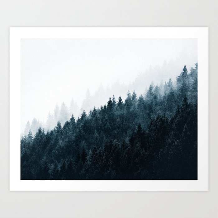 Late Night Tales // Misty Fairytale Wild Forest With Cascadia Trees Covered In Magic Blue Fog Series Art Print