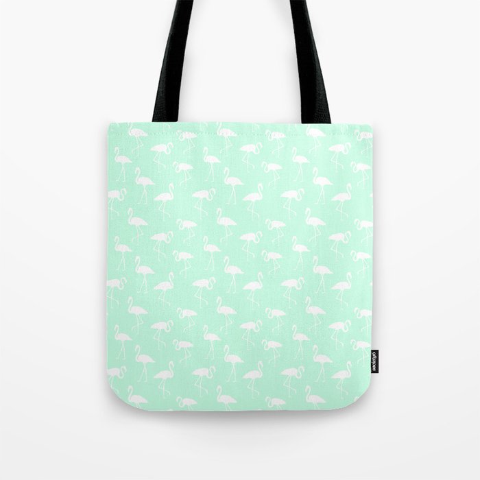 White flamingo silhouettes seamless pattern on mint green background Tote Bag