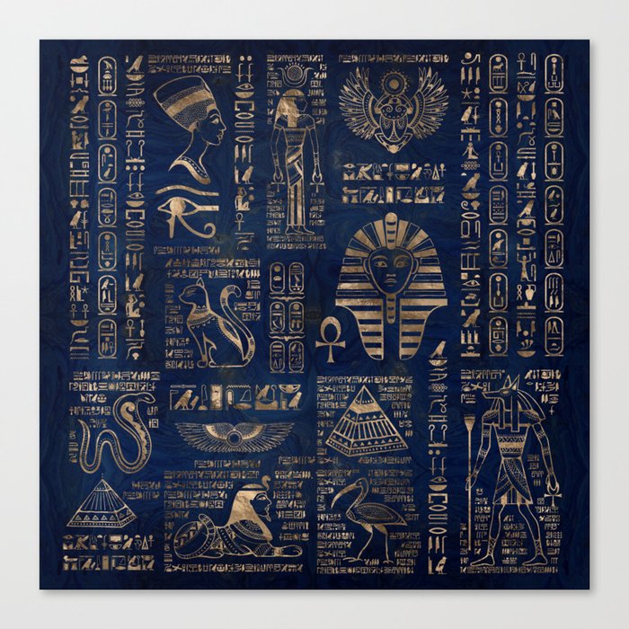 Egyptian hieroglyphs and deities-gold on blue marble Canvas Print