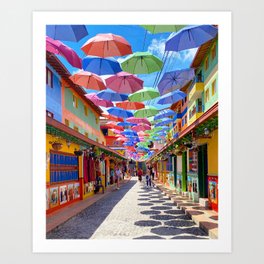 Umbrellas in Plazoleta de los Zocalos, Guatapé, Colombia Art Print