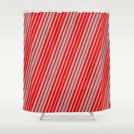 [ Thumbnail: Dark Grey & Red Colored Lines/Stripes Pattern Shower Curtain ]