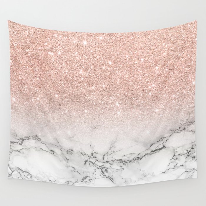 Modern faux rose gold pink glitter ombre white marble Wall Tapestry