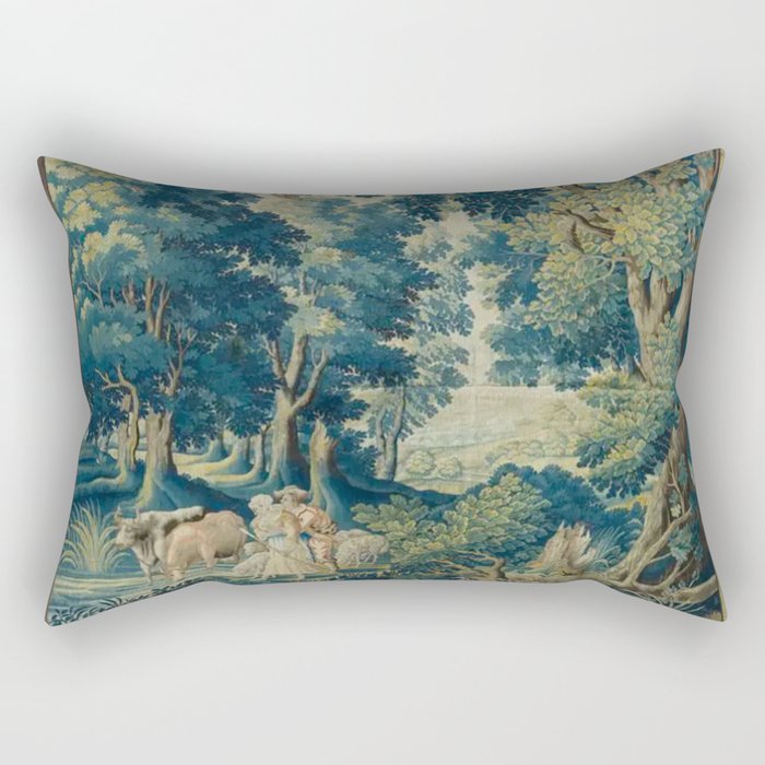 Antique 17th Century Flemish Verdure Lovers Landscape Tapestry Rectangular Pillow