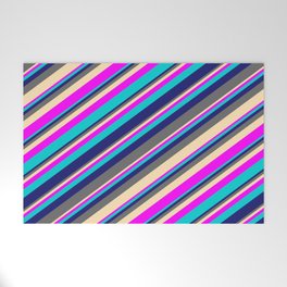 [ Thumbnail: Midnight Blue, Dim Gray, Beige, Fuchsia, and Dark Turquoise Colored Lines/Stripes Pattern Welcome Mat ]