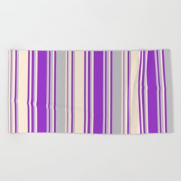 [ Thumbnail: Grey, Dark Orchid & Beige Colored Stripes/Lines Pattern Beach Towel ]