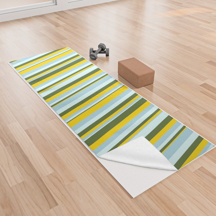 Light Blue, Yellow, Dark Olive Green & Light Cyan Colored Lined/Striped Pattern Yoga Towel