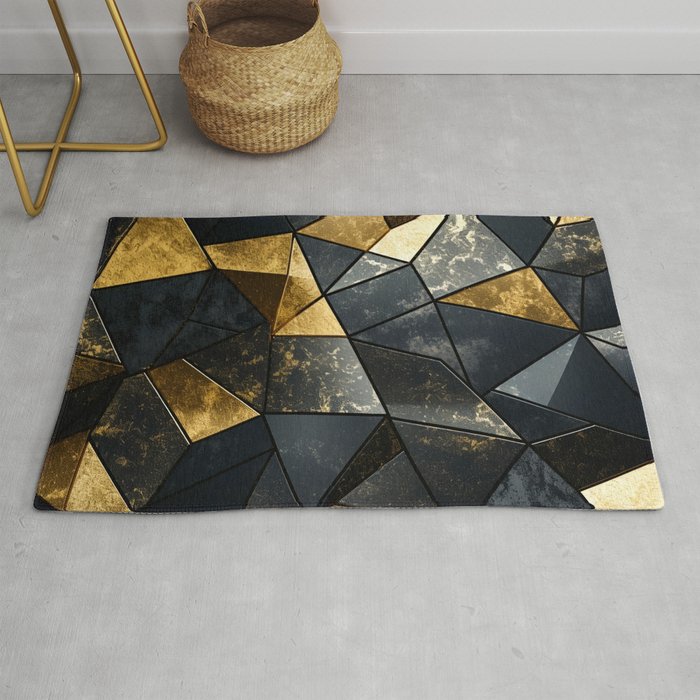 Black And Gold Triangle Pattern Fragmented Geometry Rug