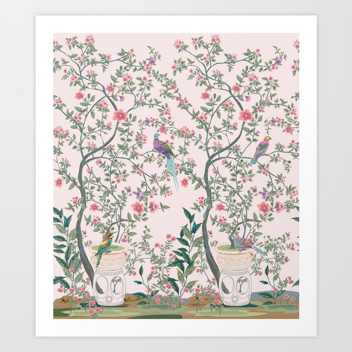 Chinoiserie Blush Pink Fresco Floral Garden Birds Oriental Botanical Art Print