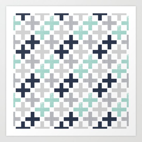 Swiss cross pattern minimal nursery basic grey and white camping cabin chalet decor Art Print