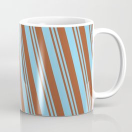 [ Thumbnail: Sky Blue & Sienna Colored Lined/Striped Pattern Coffee Mug ]
