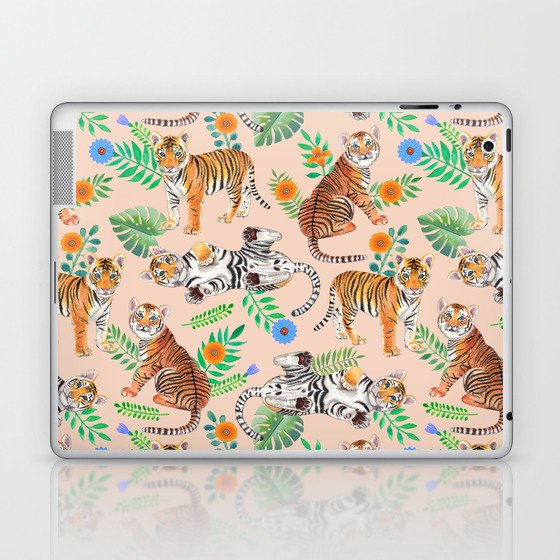 Tiger Cubs and Flowers (Beige) Laptop & iPad Skin