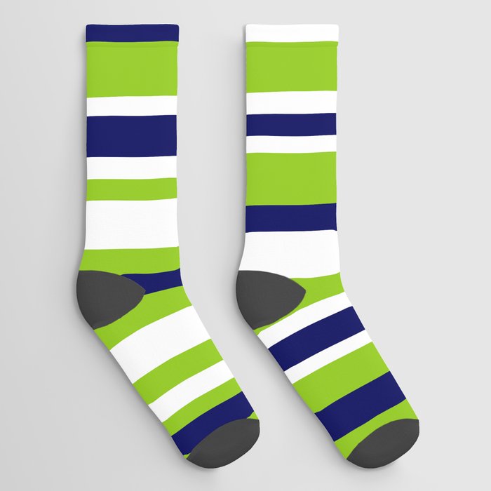 Lime Green Bright Navy Blue and White Vertical Stripes Pattern Socks