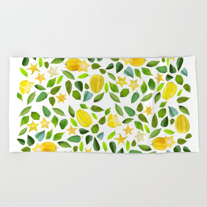 Carambola and leaves (star fruit) - yellow and green Beach Towel