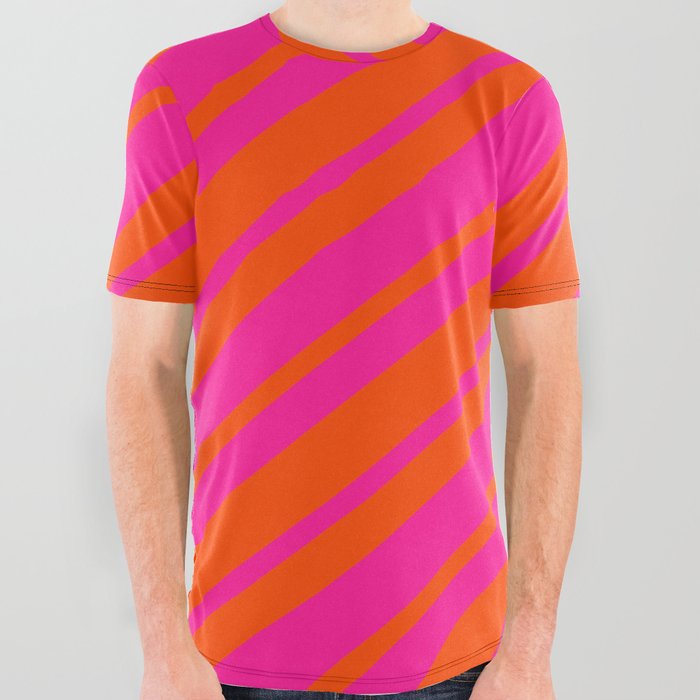 Red and Deep Pink Colored Lined Pattern All Over Graphic Tee