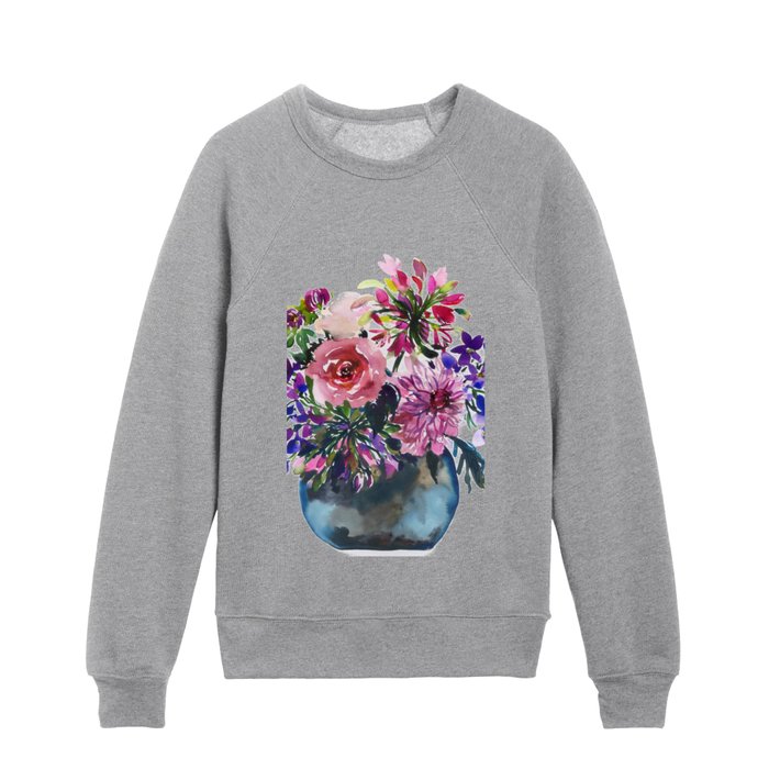 still-life: bouquet in vase with roses Kids Crewneck