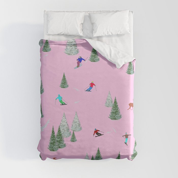 Skiers Skiing Down Snow Covered Slopes Pink  Duvet Cover