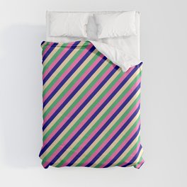 [ Thumbnail: Beige, Sea Green, Hot Pink, and Dark Blue Colored Lines/Stripes Pattern Duvet Cover ]
