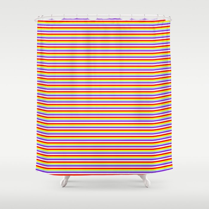 Eye-catching Red, Yellow, Powder Blue, Purple & Mint Cream Colored Stripes Pattern Shower Curtain