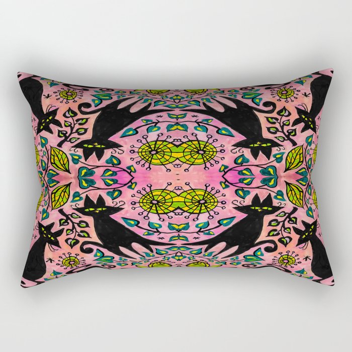 Mid Century Cat With Florals and Pink Rectangular Pillow