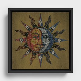 Vintage Celestial Mosaic Sun & Moon Framed Canvas