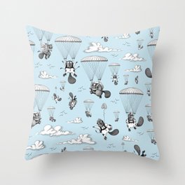 Parachuting Beavers - Blue & White Throw Pillow