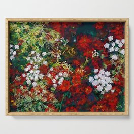 Red poppies and baby's breath bouquets still life floral blossom portrait painting for home, wall, bedroom, kitchen, and living room decor Serving Tray