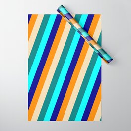 [ Thumbnail: Eyecatching Dark Orange, Tan, Teal, Aqua & Dark Blue Colored Stripes Pattern Wrapping Paper ]