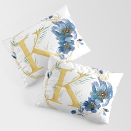 Letter K Golden With Watercolor Flowers Initial Monogram Pillow Sham
