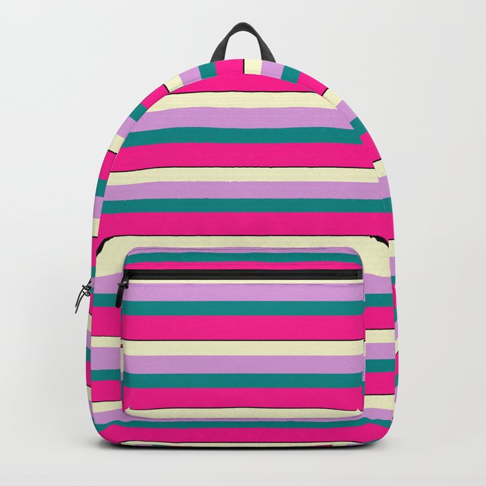 Colorful Light Yellow, Plum, Dark Cyan, Deep Pink & Black Colored Lined Pattern Backpack