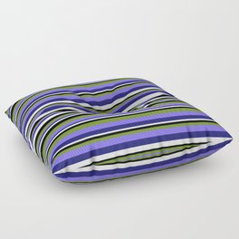 [ Thumbnail: Eye-catching Black, Green, Medium Slate Blue, Midnight Blue, and White Colored Stripes/Lines Pattern Floor Pillow ]