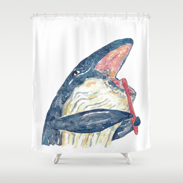 Whale brushing teeth bath watercolor painting  Shower Curtain