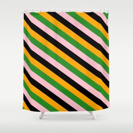 [ Thumbnail: Orange, Forest Green, Pink & Black Colored Lined Pattern Shower Curtain ]