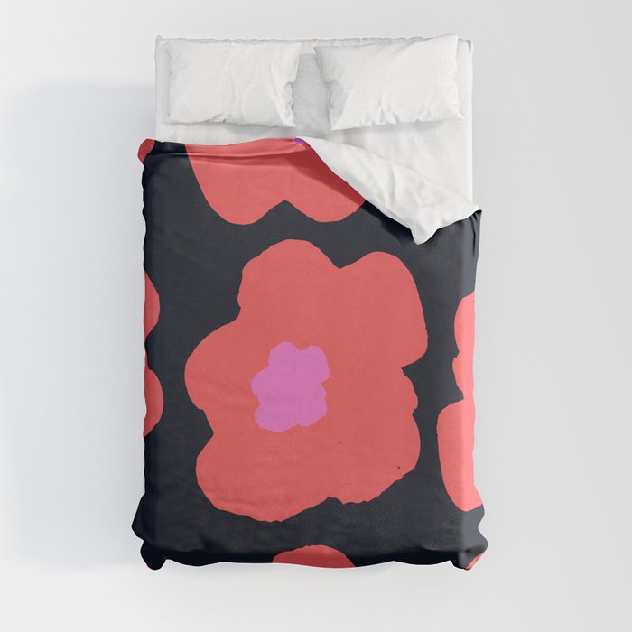 Large Pop-Art Retro Flowers in Pink and Coral Red Orange on Black Background  Duvet Cover