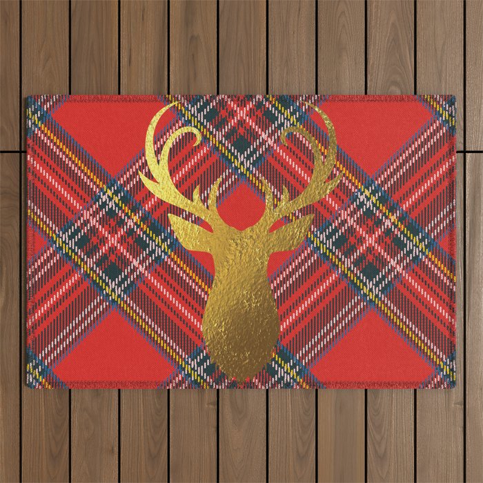 Gold Stag Head On Red Tartan Outdoor Rug